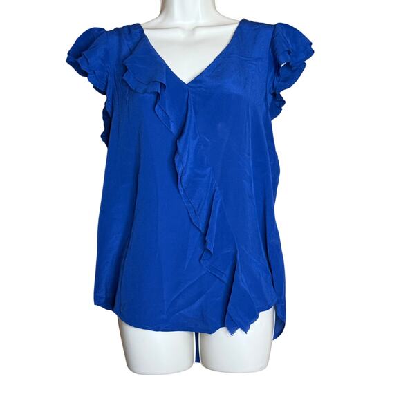 Anthropologie Maeve Cobalt Blue Silk Ruffle Cap Sleeve Blouse 8 - Picture 1 of 4